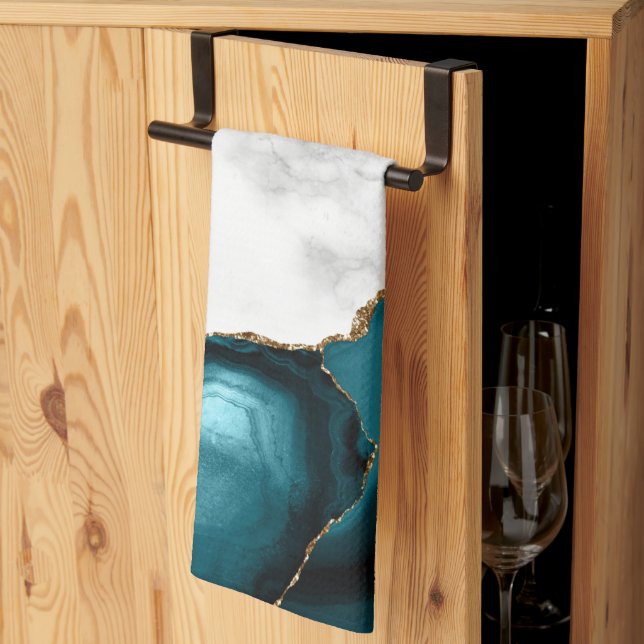 White Marble Gilded Teal Blue Agate Tea Towel (Thirds Fold)