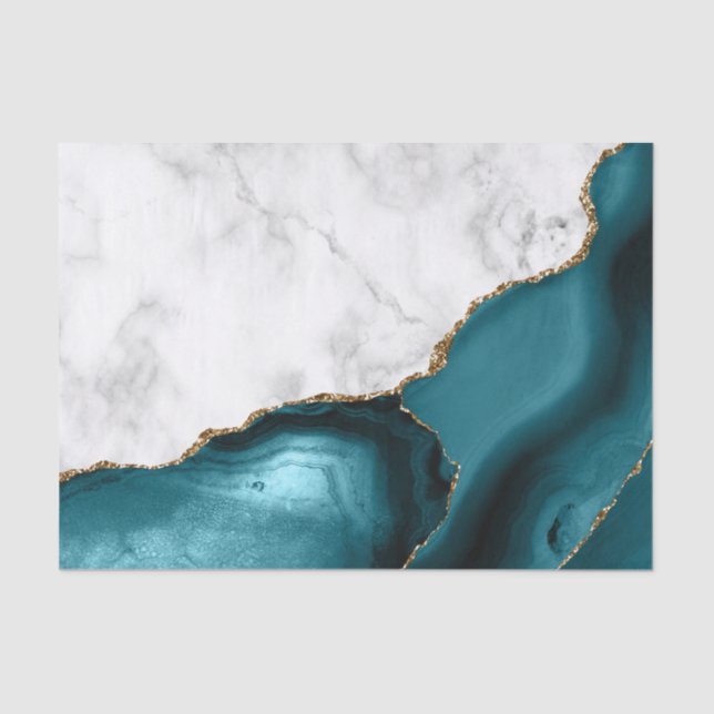White Marble Gilded Teal Blue Agate Tissue Paper (Front)
