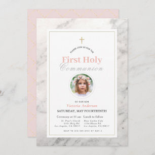 White Marble Girl Photo First Holy Communion Invitation