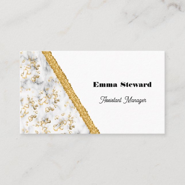 White Marble Glam Gold & Glitter Business Card (Front)