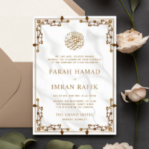 White Marble Gold Border Islamic Muslim Wedding Invitation