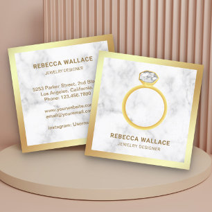 White Marble Gold Diamond Solitaire Ring Jeweller Square Business Card