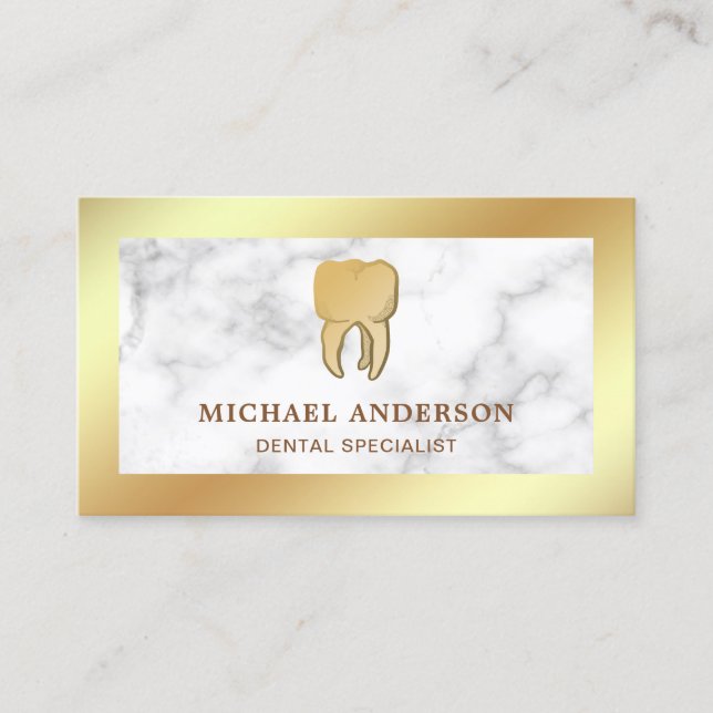 White Marble Gold Foil Dental Clinic Tooth Dentist Business Card (Front)