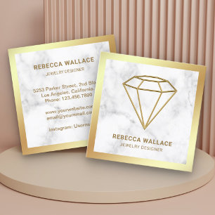 White Marble Gold Foil Geometric Diamond Jeweller Square Business Card