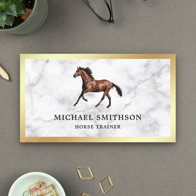 White Marble Gold Foil Horse Riding Instructor Business Card (Creator Uploaded)