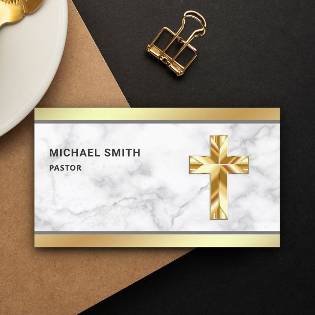 White Marble Gold Foil Jesus Christ Cross Pastor Business Card (Creator Uploaded)