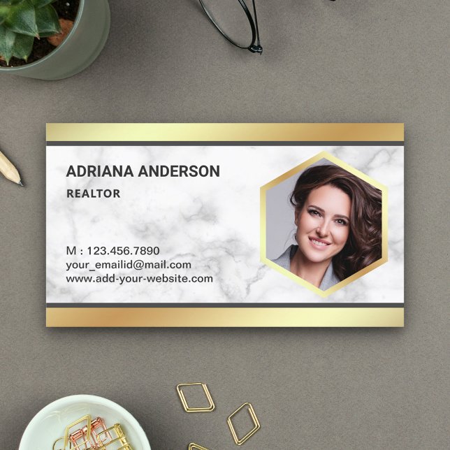 White Marble Gold Foil Real Estate Photo Realtor Business Card (Creator Uploaded)