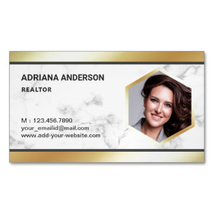 White Marble Gold Foil Real Estate Photo Realtor Magnetic Business Card