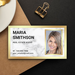 White Marble Gold Foil Real Estate Realtor Photo Business Card