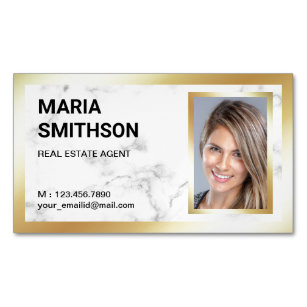 White Marble Gold Foil Real Estate Realtor Photo Magnetic Business Card