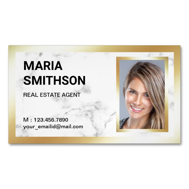 White Marble Gold Foil Real Estate Realtor Photo Magnetic Business Card (Front)