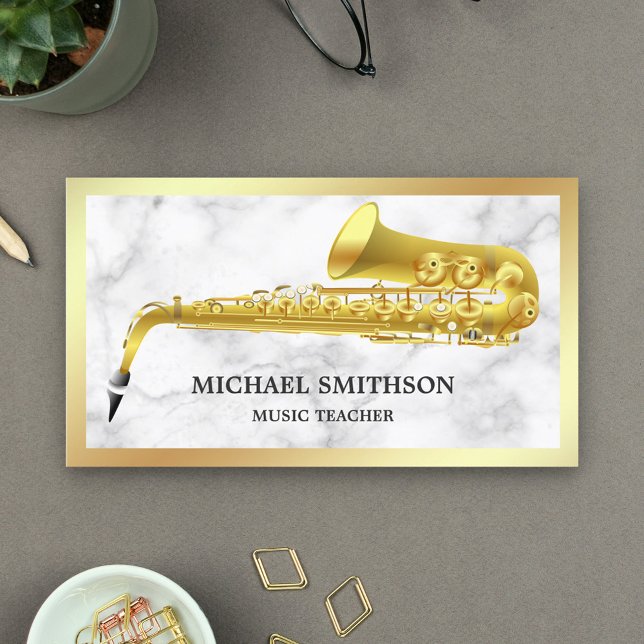 White Marble Gold Foil Saxophone Music Teacher Business Card (Creator Uploaded)