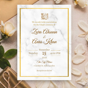 White Marble Gold Frame Nikah Islam Muslim Wedding Invitation