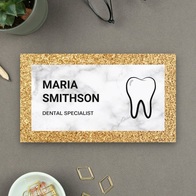 White Marble Gold Glitter Dental Clinic Dentist Business Card (Creator Uploaded)