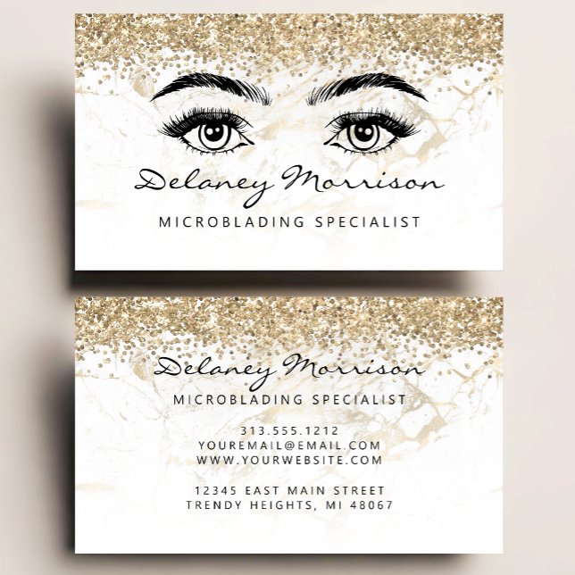 White Marble Gold Glitter Eyes Microblading Business Card (Creator Uploaded)