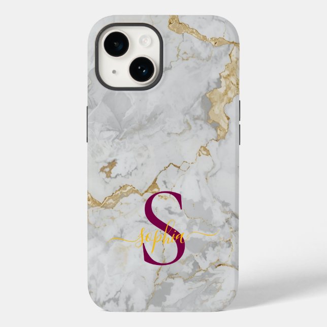 white marble gold glitter monogram Case-Mate iPhone case (Back)
