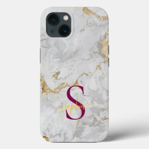 white marble gold glitter monogram iPhone 13 case