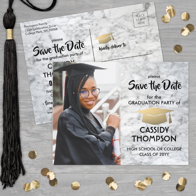 White Marble & Gold Graduation Photo Save the Date Postcard (Creator Uploaded)