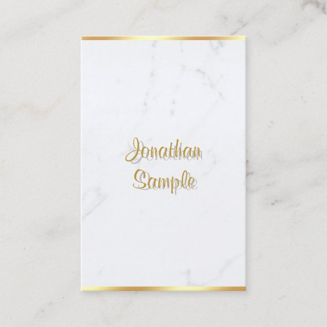 White Marble Gold Handwritten Script Chic Modern Business Card (Front)