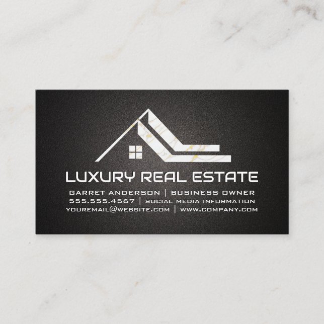 White Marble Gold House Roof Logo Business Card (Front)