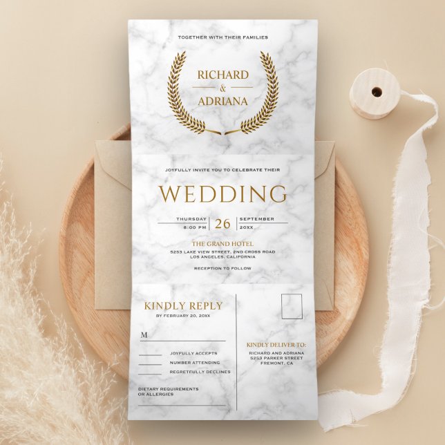 White Marble Gold Laurel Wreath All in One Wedding Tri-Fold Invitation (Creator Uploaded)