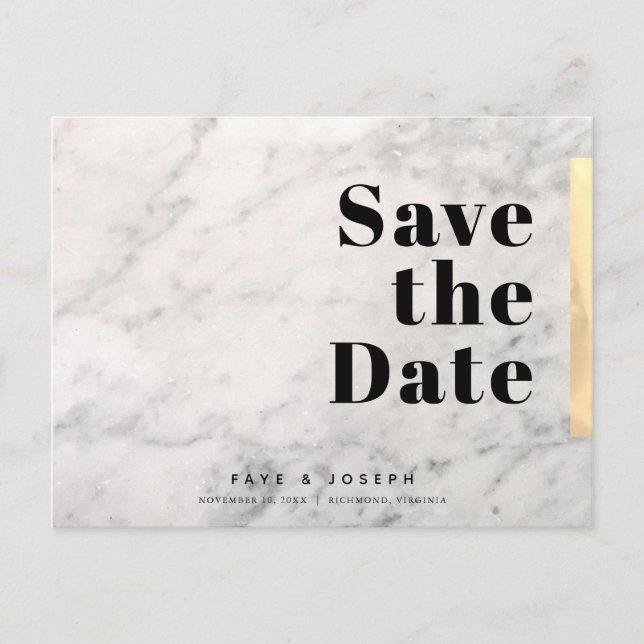 White Marble Gold Save the Date Announcement Postcard (Front)