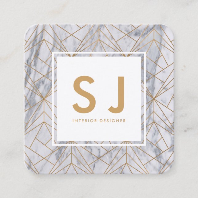 White Marble Gold Simple Modern Interior Designer Square Business Card (Front)