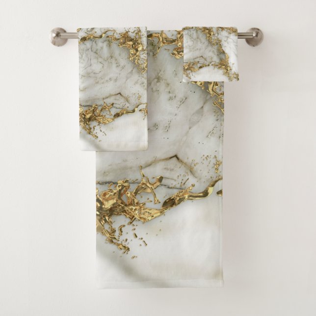 White Marble Gold Splatter Abstract Bath Towel Set (Insitu)