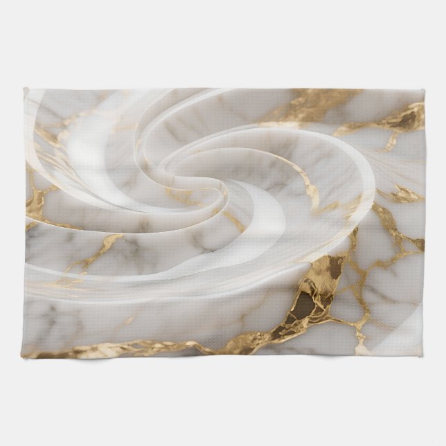 White Marble Gold Swirl Pattern Tea Towel (Horizontal)