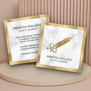 White Marble Gold Syringe Plastic Surgeon Doctor Square Business Card