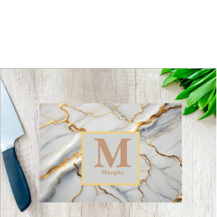 White Marble & Gold Vein Monogram  Cutting Board