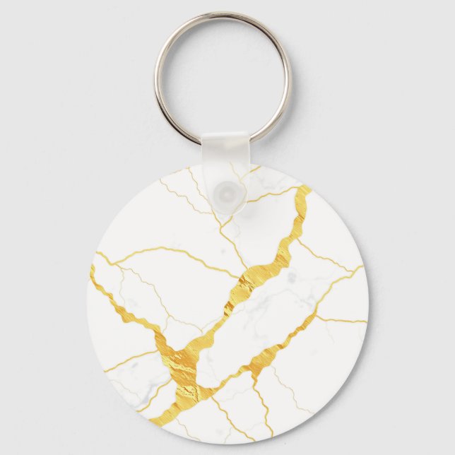 White Marble Gold Veins Pattern Key Ring (Front)