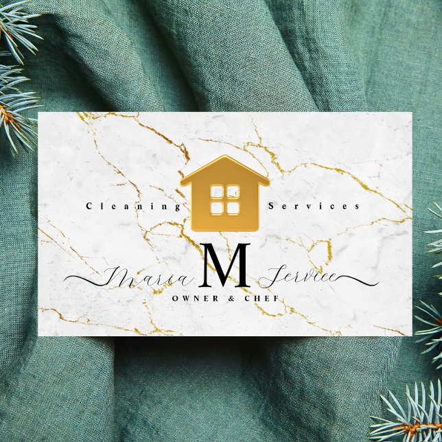 white marble golden house design cleaning service  business card (Creator Uploaded)