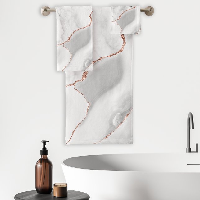 White Marble Grey Agate Rose Gold Glitter Bath Towel Set (Creator Uploaded)