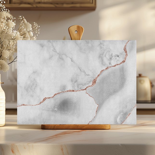 White Marble Grey Agate Rose Gold Glitter Cutting Board (Creator Uploaded)