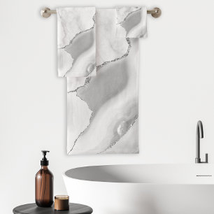 White Marble Grey Agate Silver Glitter Bath Towel Set