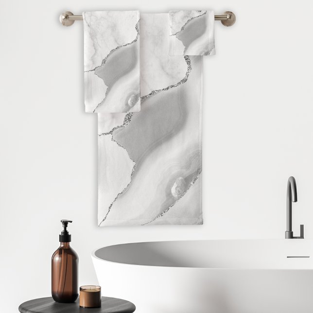 White Marble Grey Agate Silver Glitter Bath Towel Set (Creator Uploaded)