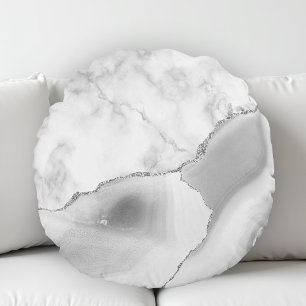 White Marble Grey Agate Silver Glitter Round Cushion