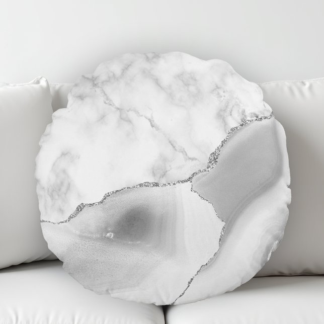 White Marble Grey Agate Silver Glitter Round Cushion (Creator Uploaded)