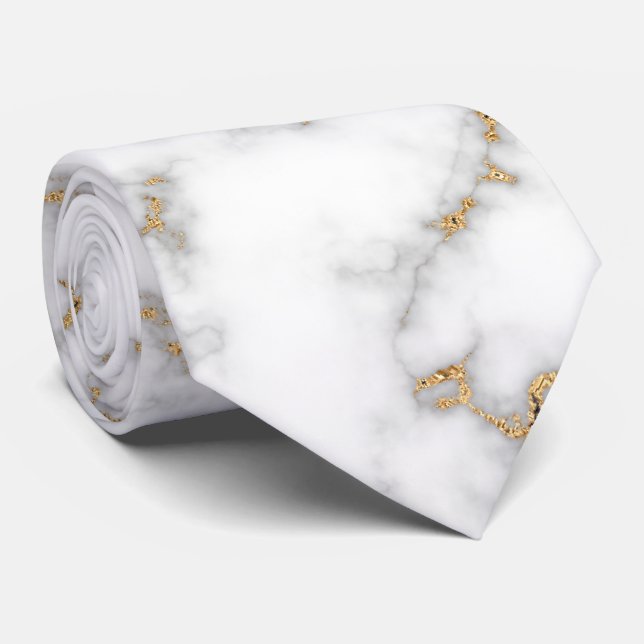 White Marble Grey & Gold Veining Wedding Tie (Rolled)