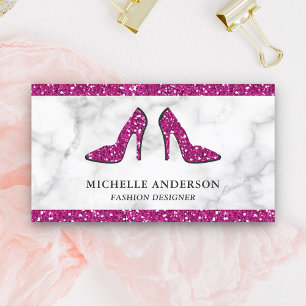 White Marble Hot Pink Glitter High Heels Business Card