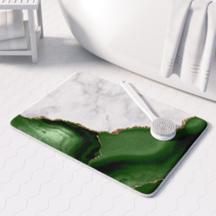 White Marble Hunter Green Agate Gold Glitter Bath Mat