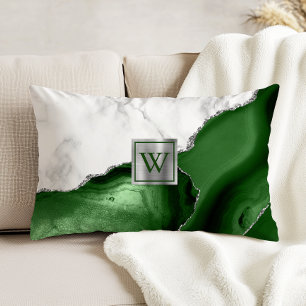 White Marble Hunter Green Agate Silver Monogram Decorative Cushion