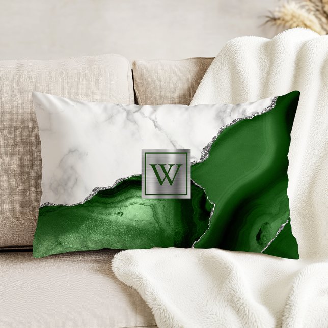 White Marble Hunter Green Agate Silver Monogram Decorative Cushion (Creator Uploaded)
