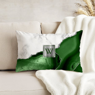 White Marble Hunter Green Agate Silver Monogram Decorative Cushion
