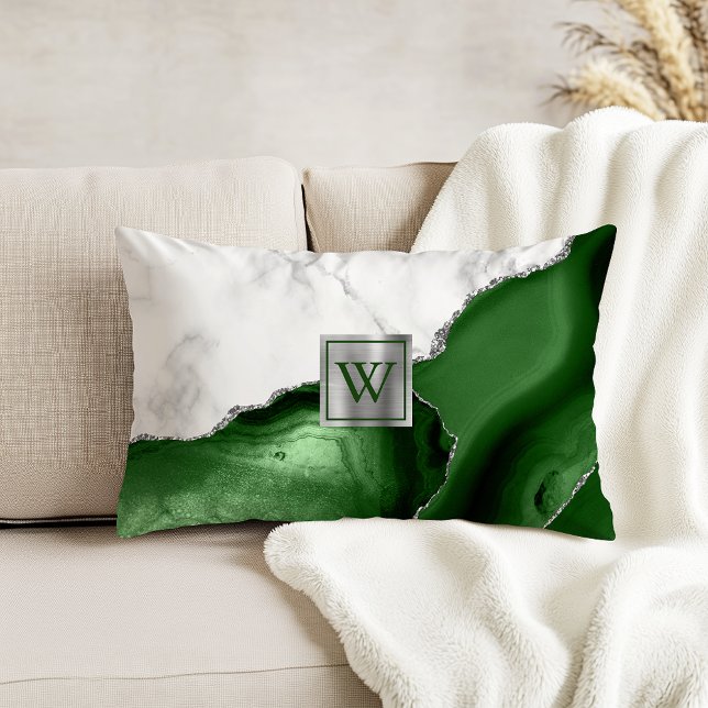 White Marble Hunter Green Agate Silver Monogram Decorative Cushion (Creator Uploaded)