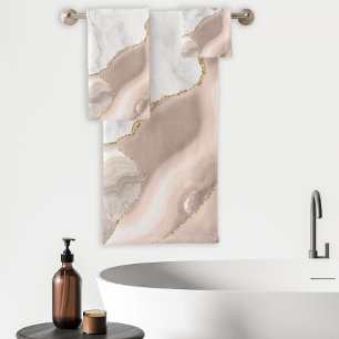White Marble Ivory Beige Agate Gold Glitter Bath Towel Set