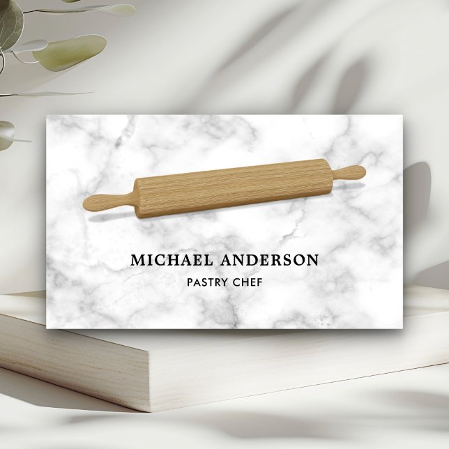 White Marble Kitchen Wood Rolling Pin Pastry Chef Business Card (Creator Uploaded)