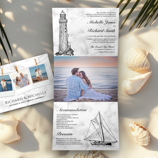 White Marble Lighthouse Sailboat Nautical Wedding  Tri-Fold Invitation (Creator Uploaded)