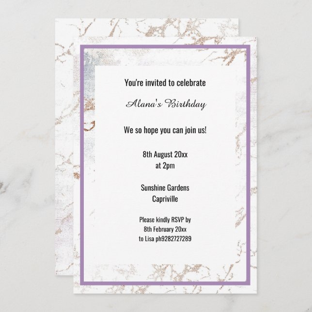 WHITE MARBLE LILAC PURPLE THIN TRIM BIRTHDAY INVITATION (Front/Back)